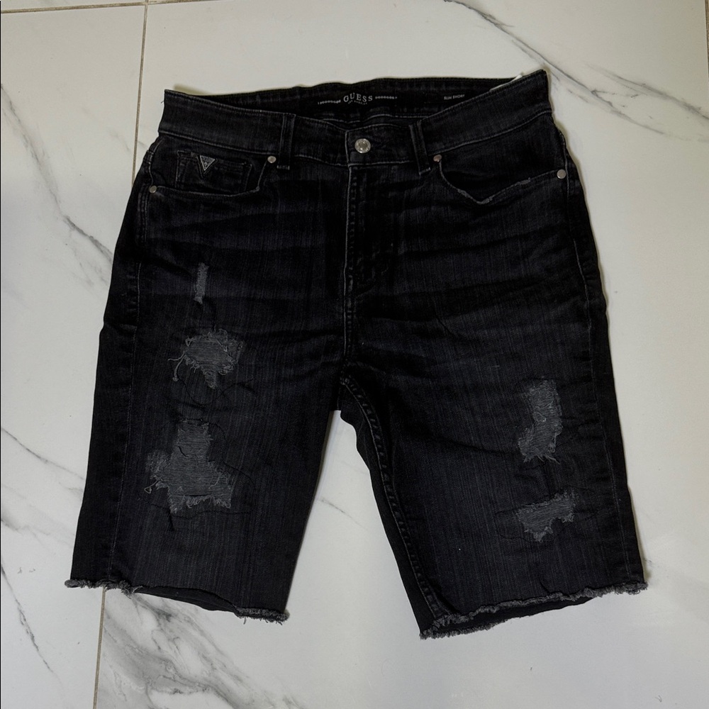 Men's Black Distressed Denim Shorts